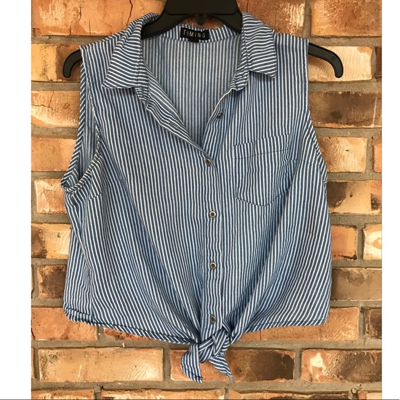 Timing Blue and White Striped Tie Front Button Down Crop Top Large - Picture 5 of 5
